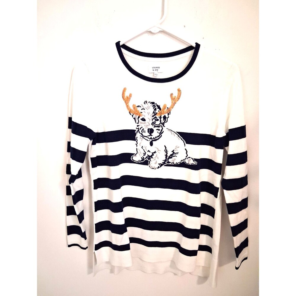 Croft & Barrow Striped Pullover Sweater Small Blue White Yorkie Dog Antlers
